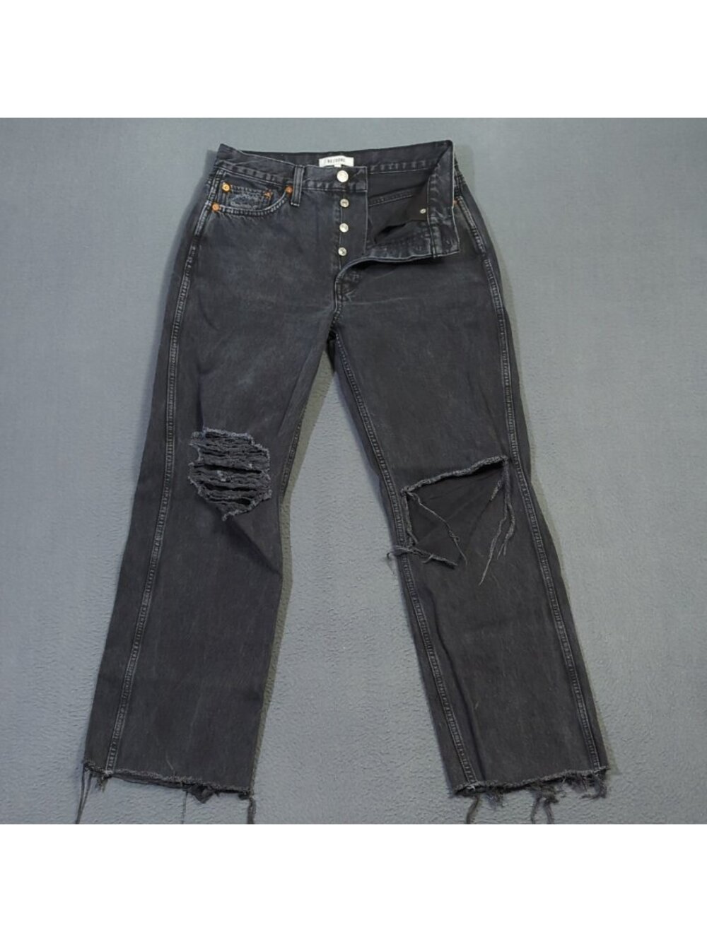 Re/Done Jeans Womens 28 Black High Rise Loose In Washed Black With Rips Raw Hems